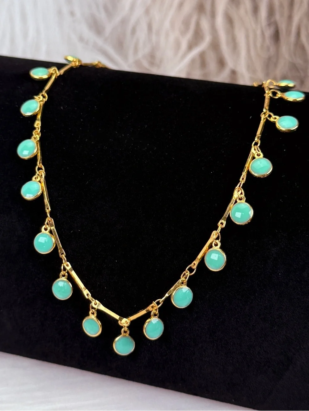Turquoise Color Gold Tone Bezel Drop Station Necklace Adjustable Dangle Jewelry